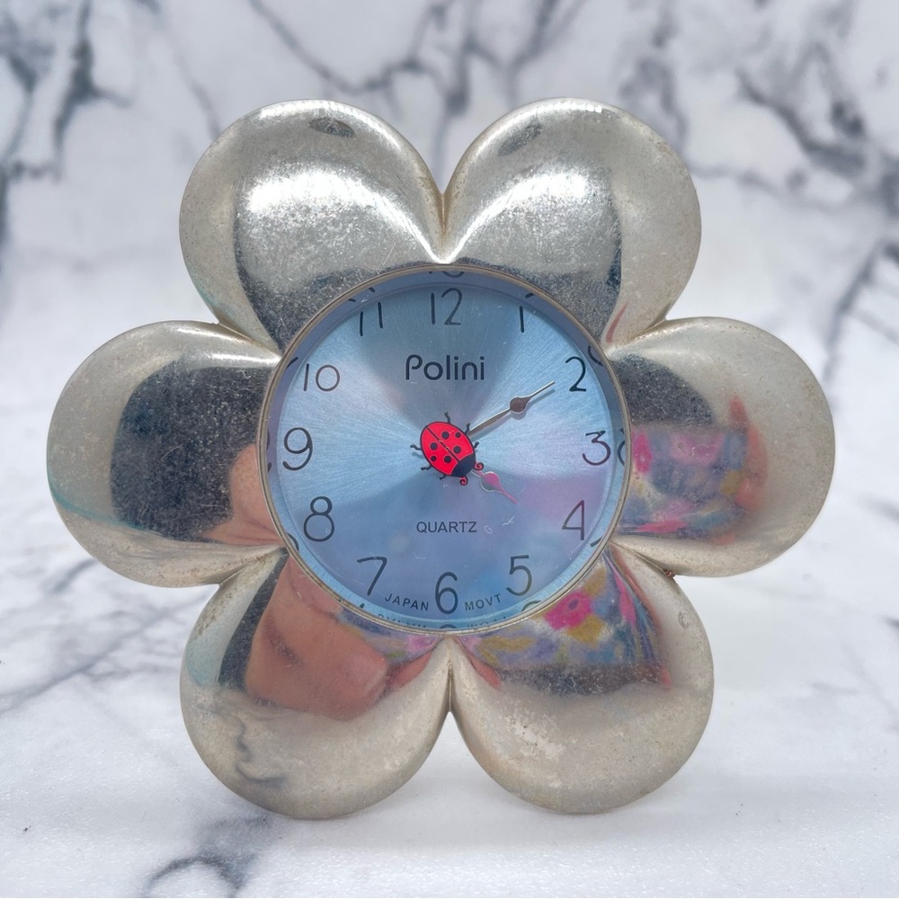 Polini Silver Tone Flower Power Ladybug Desk Clock Untested Needs Battery